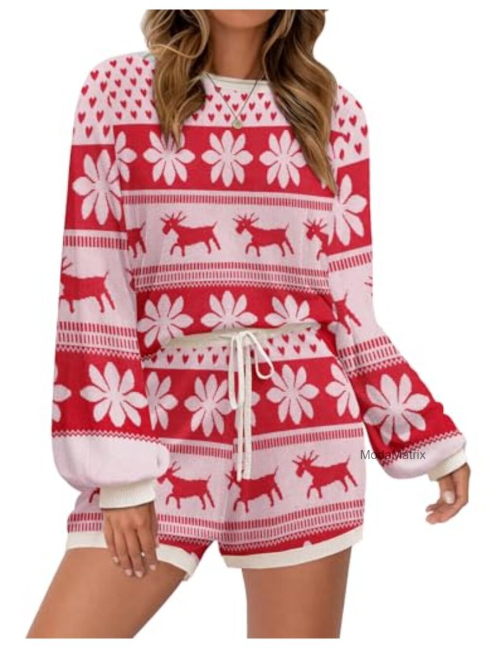 Women's Knit Lounge Pajama Set with Puff Sleeve Crop Top and High Waist Shorts
